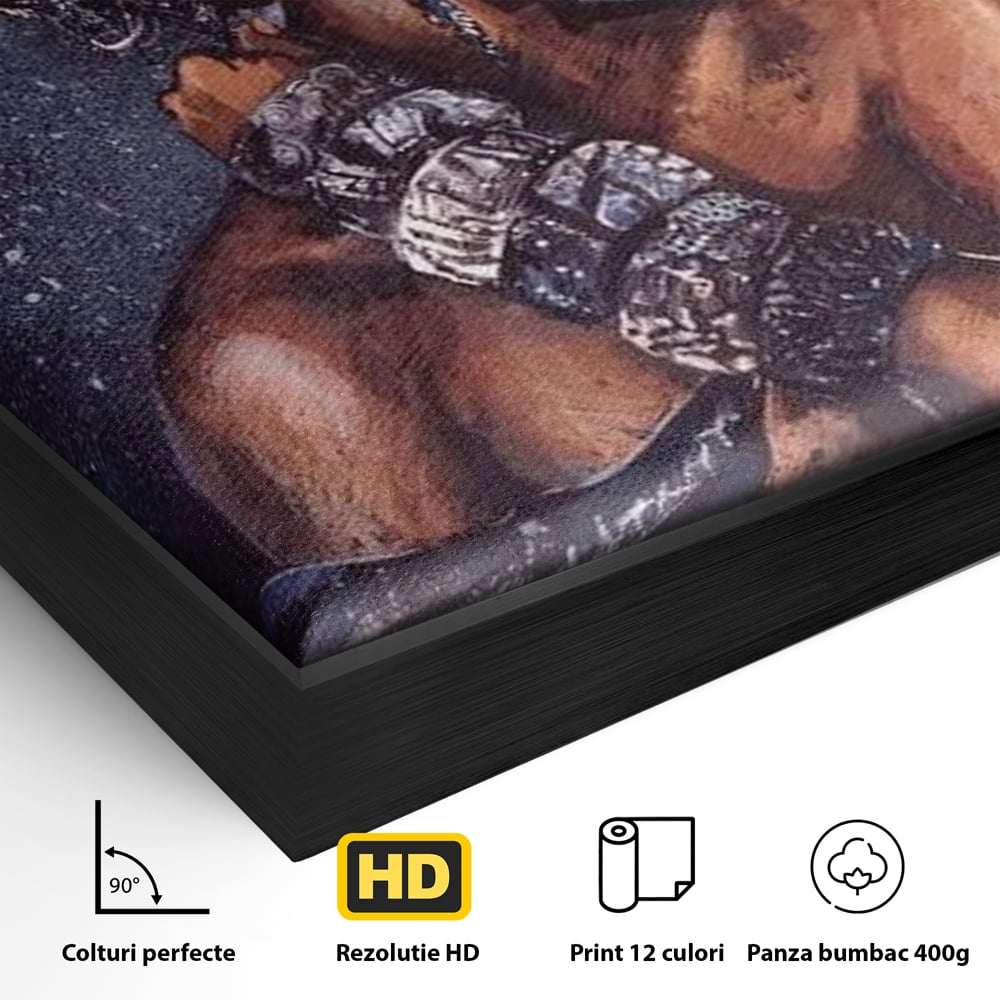 Detaliu al suprafetei: tablou canvas cu portret de femeie africana, in rama de aluminiu negru