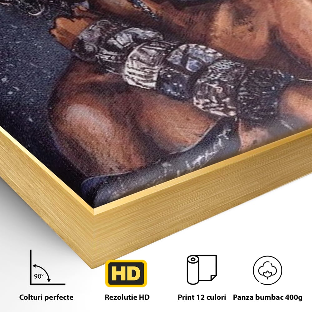 Detaliu al suprafetei: tablou canvas cu portret de femeie africana, in rama de aluminiu auriu