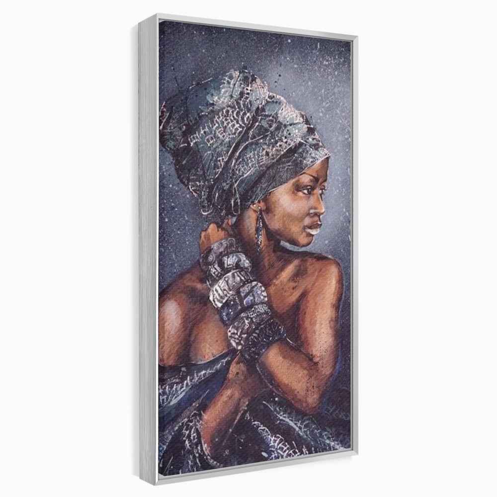 Tablou canvas cu tablou canvas cu portret de femeie africana, in rama de aluminiu argintiu
