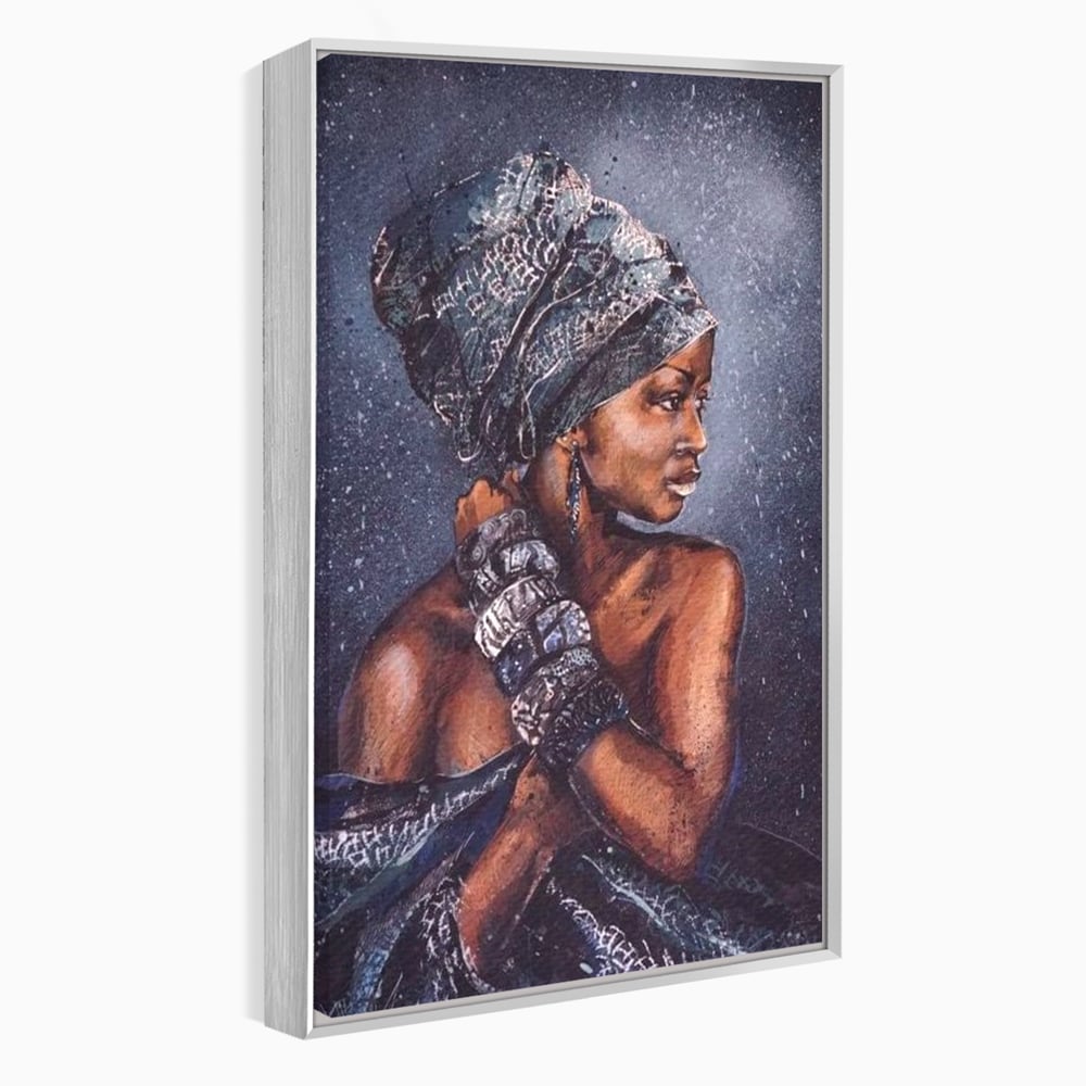 Tablou canvas cu tablou canvas cu portret de femeie africana, in rama de aluminiu argintiu