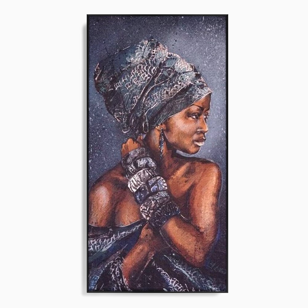 Tablou canvas cu tablou canvas cu portret de femeie africana, in rama de aluminiu negru