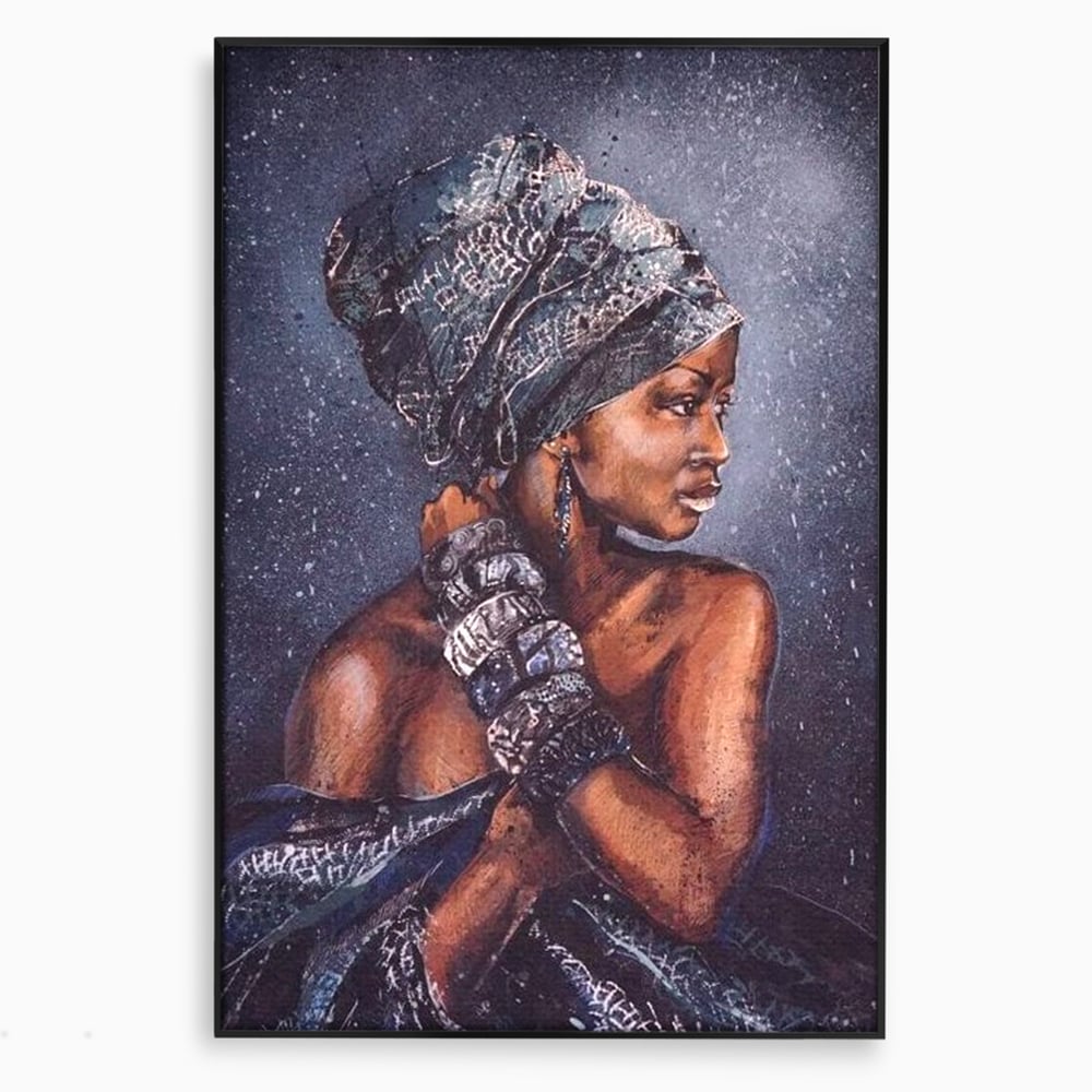 Tablou canvas cu tablou canvas cu portret de femeie africana, in rama de aluminiu negru