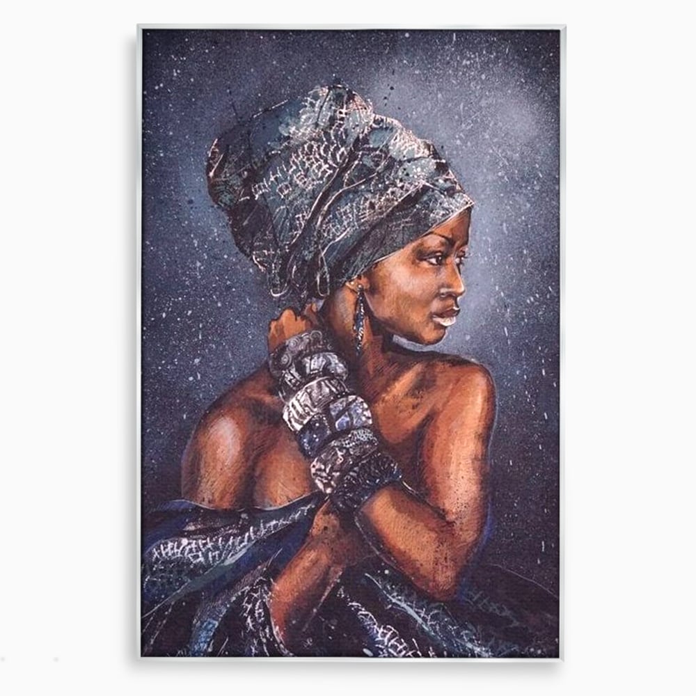 Tablou canvas cu tablou canvas cu portret de femeie africana, in rama de aluminiu argintiu