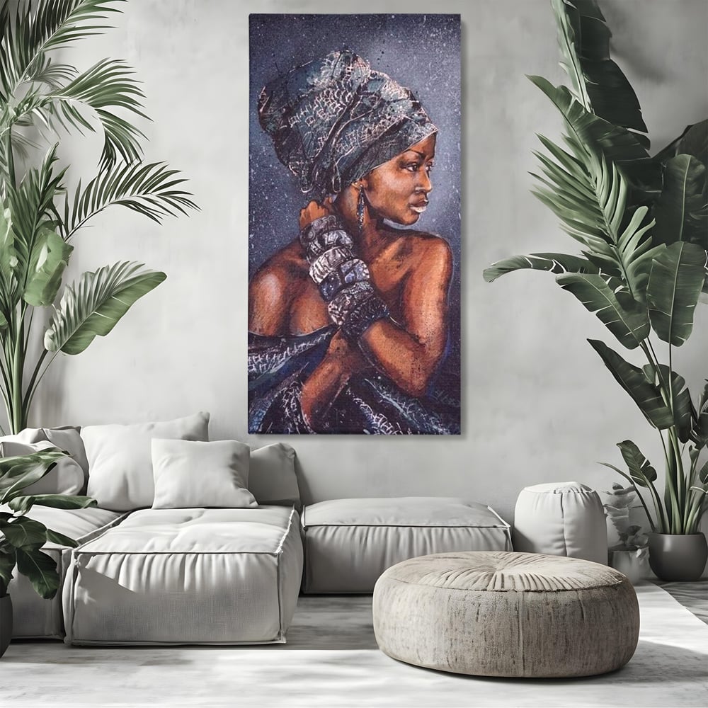 Tablou canvas cu tablou canvas cu portret de femeie africana, fara rama, pe sasiu de lemn, pe perete intr-un living