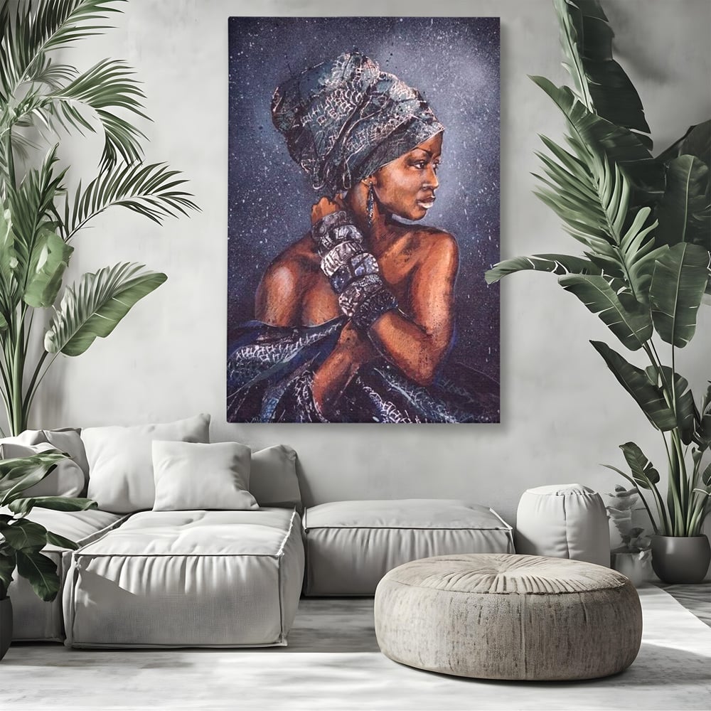 Tablou canvas cu tablou canvas cu portret de femeie africana, fara rama, pe sasiu de lemn, pe perete intr-un living