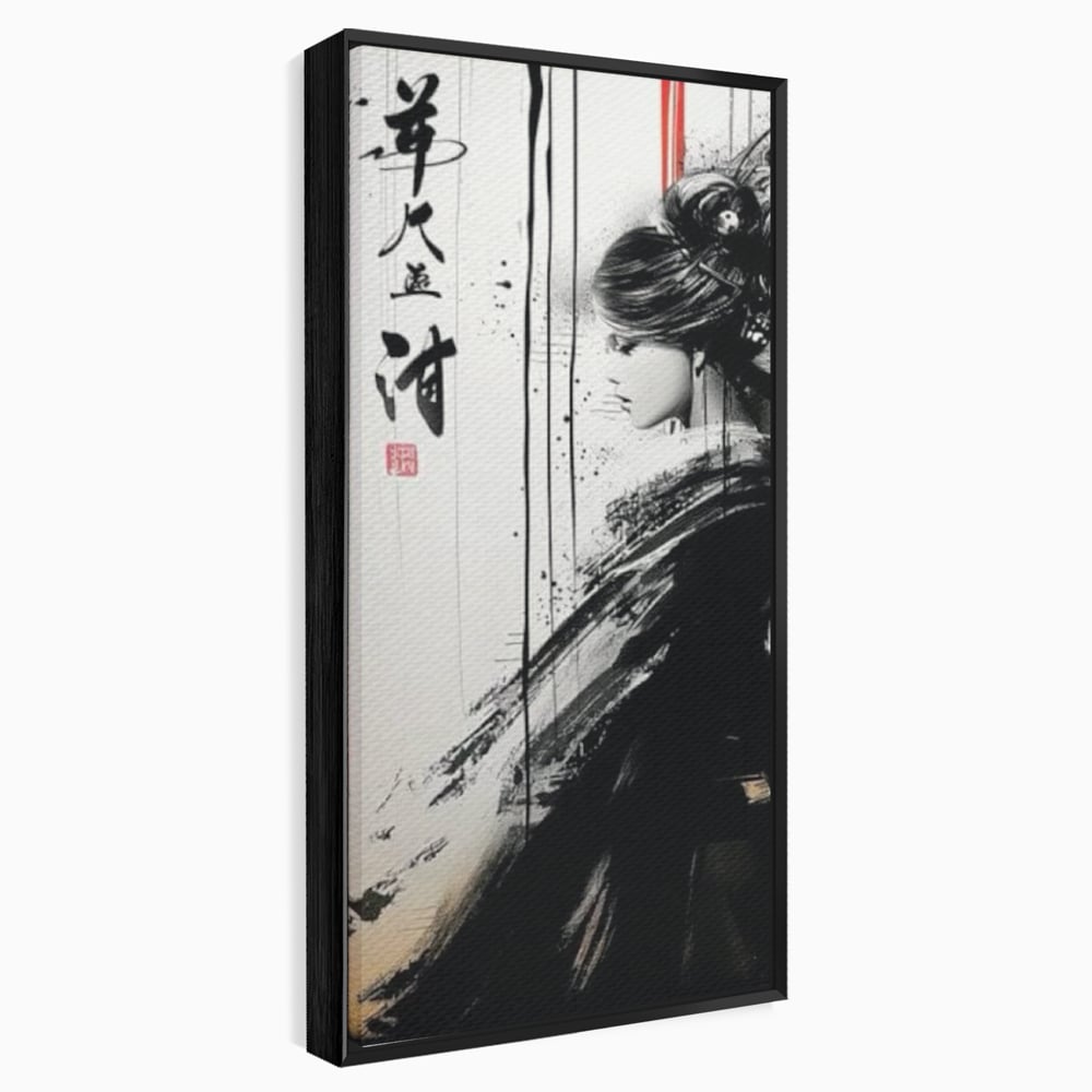Tablou canvas cu tablou vertical cu gheisa in tus, in rama de aluminiu negru