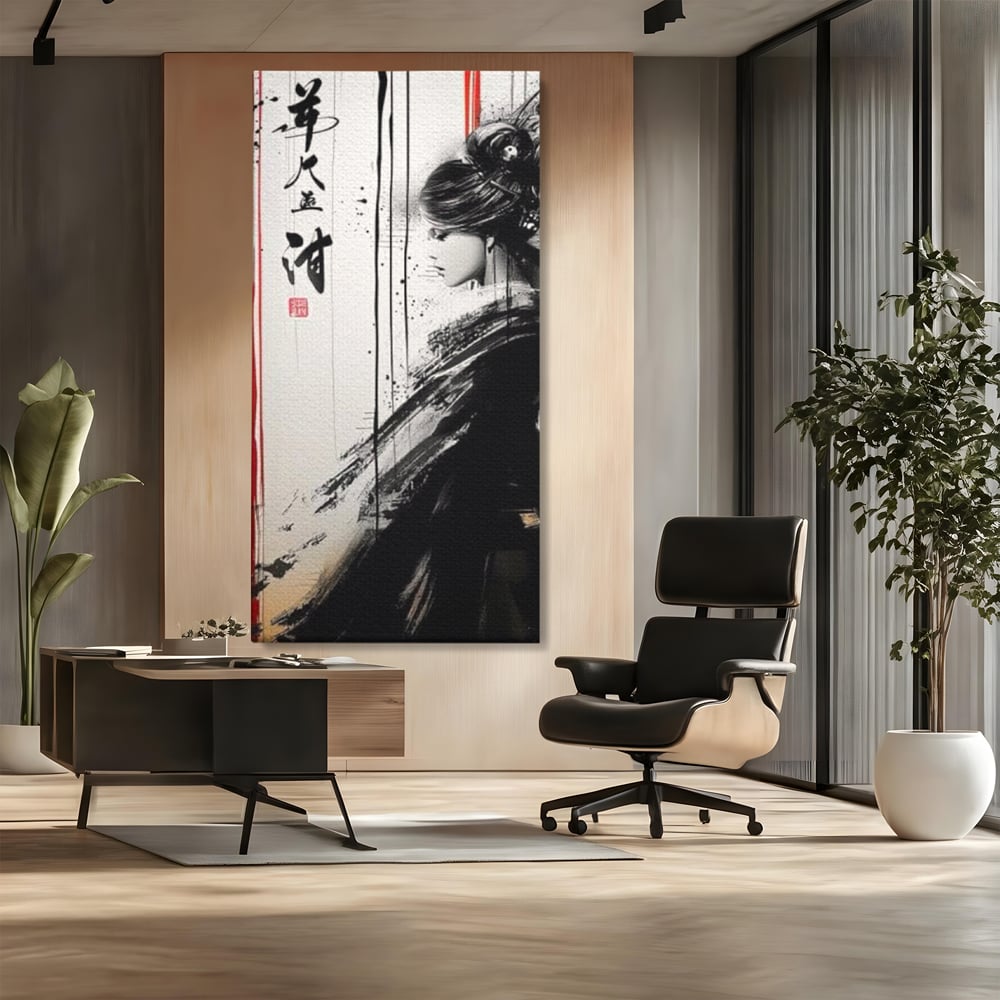 Tablou canvas cu tablou vertical cu gheisa in tus, fara rama, pe sasiu de lemn, pe perete intr-un birou