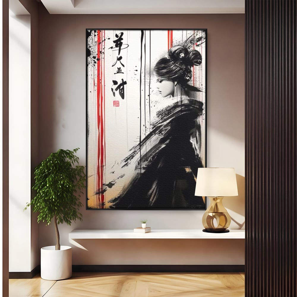Tablou canvas cu tablou vertical cu gheisa in tus, in rama de aluminiu negru