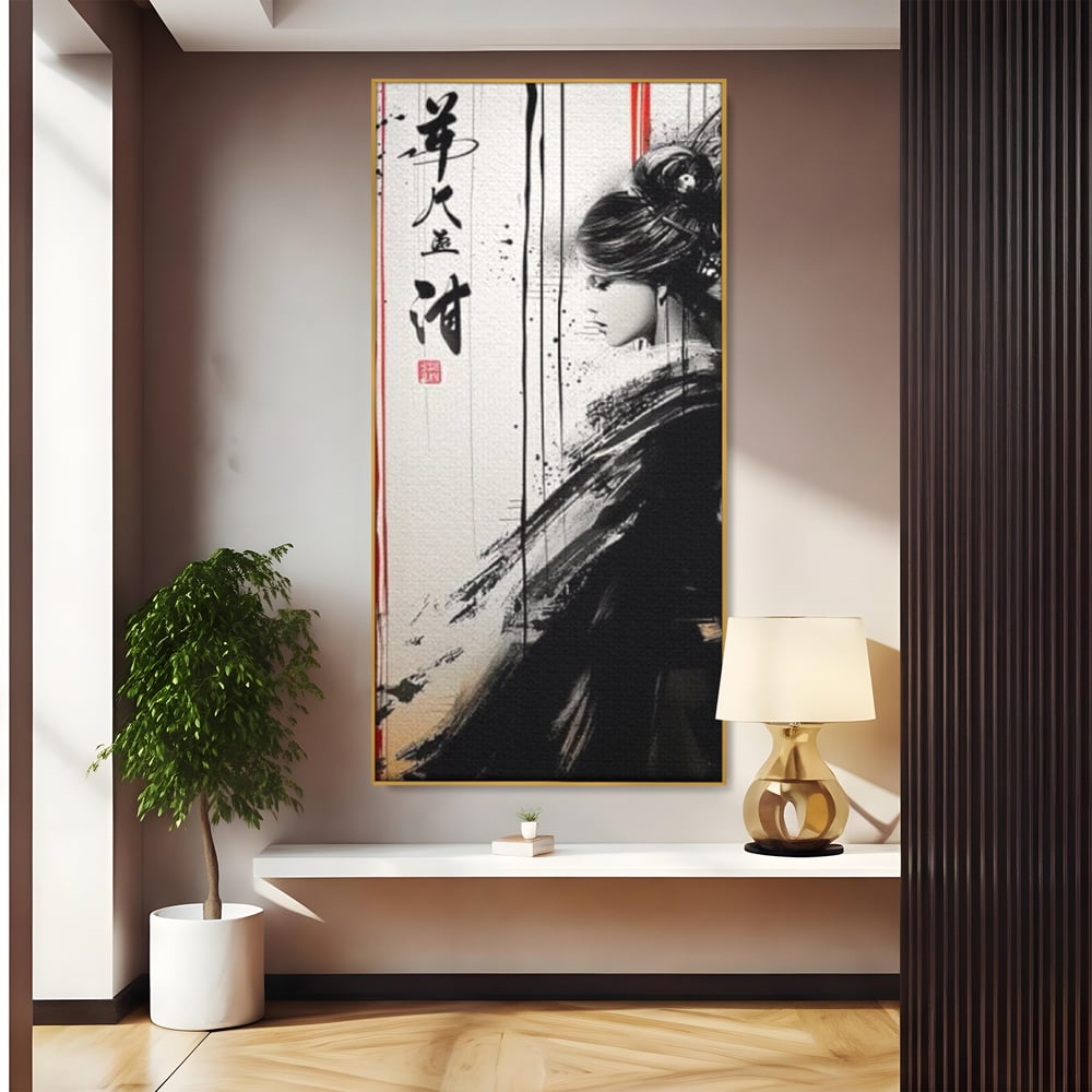 Tablou canvas cu tablou vertical cu gheisa in tus, in rama de aluminiu auriu