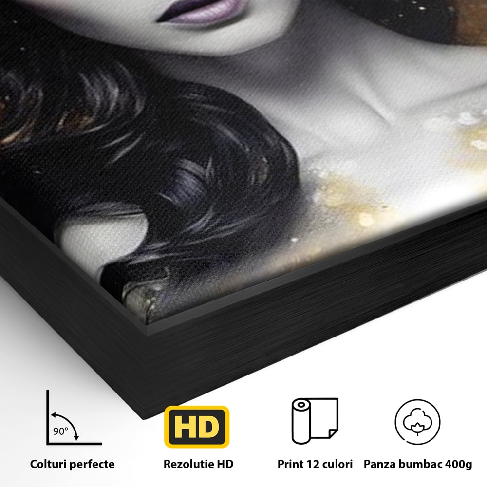 Detaliu al suprafetei: tablou canvas cu portret de femeie, in rama de aluminiu negru