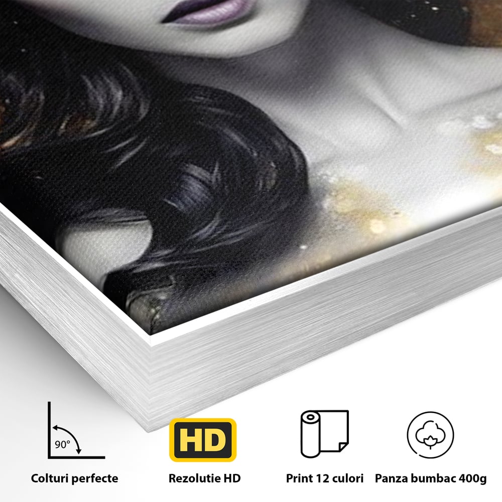 Detaliu al suprafetei: tablou canvas cu portret de femeie, in rama de aluminiu argintiu