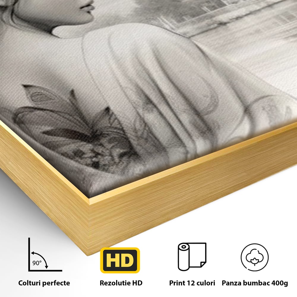 Detaliu al suprafetei: tablou canvas cu gheisa si pagoda, in rama de aluminiu auriu