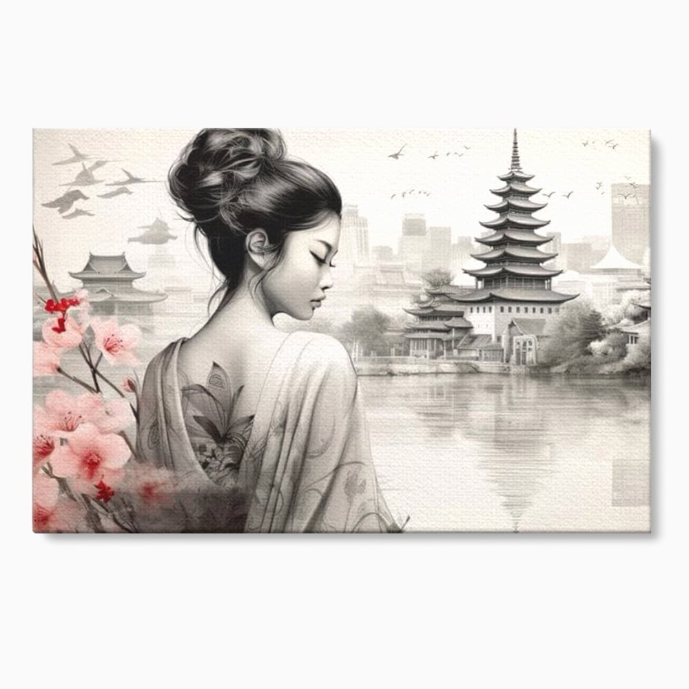 Tablou canvas cu tablou canvas cu gheisa si pagoda, fara rama, pe sasiu de lemn