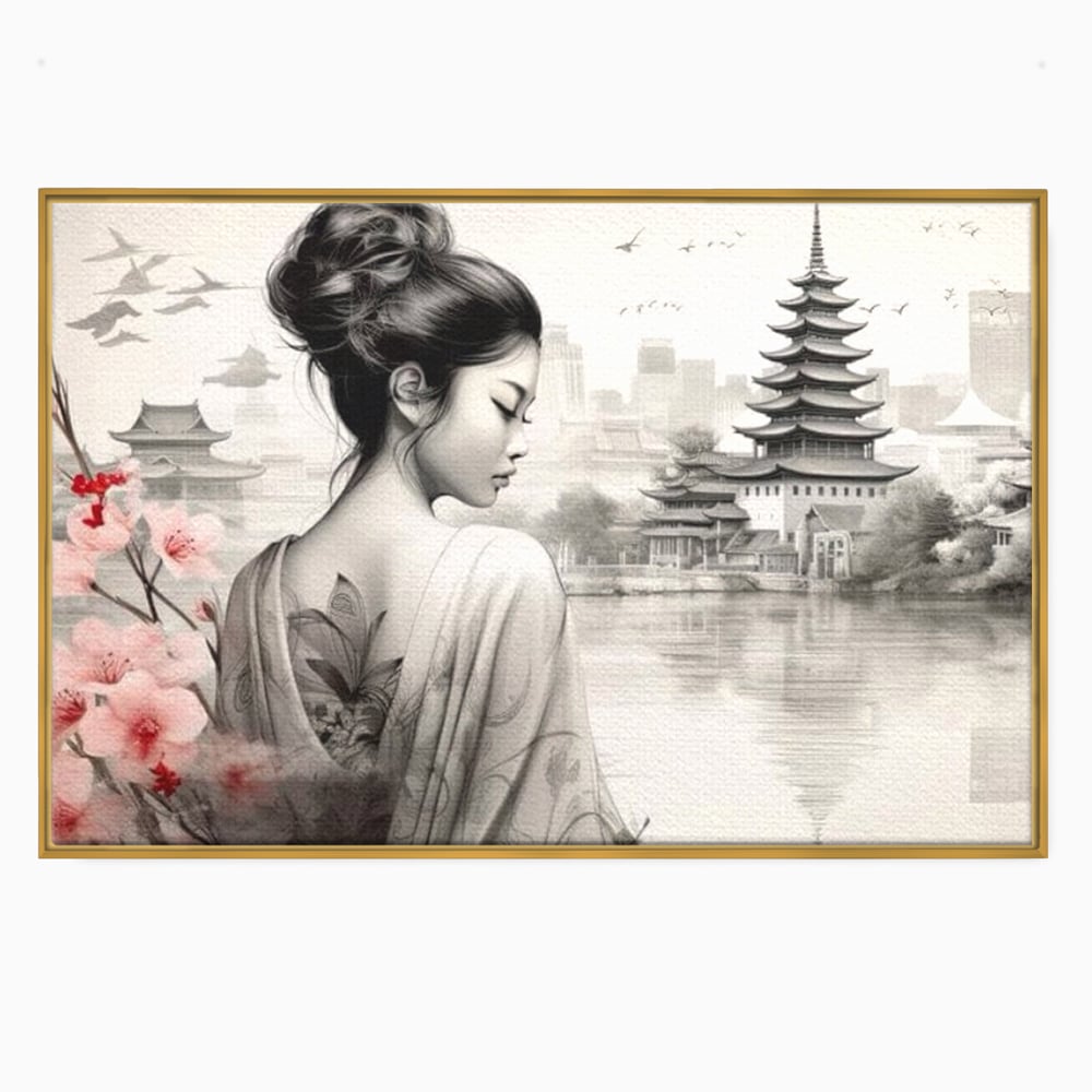 Tablou canvas cu tablou canvas cu gheisa si pagoda, in rama de aluminiu auriu