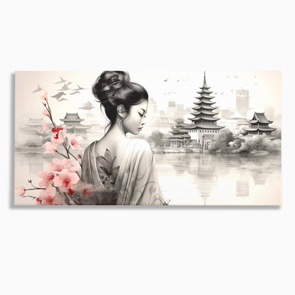 Tablou canvas cu tablou canvas cu gheisa si pagoda, fara rama, pe sasiu de lemn