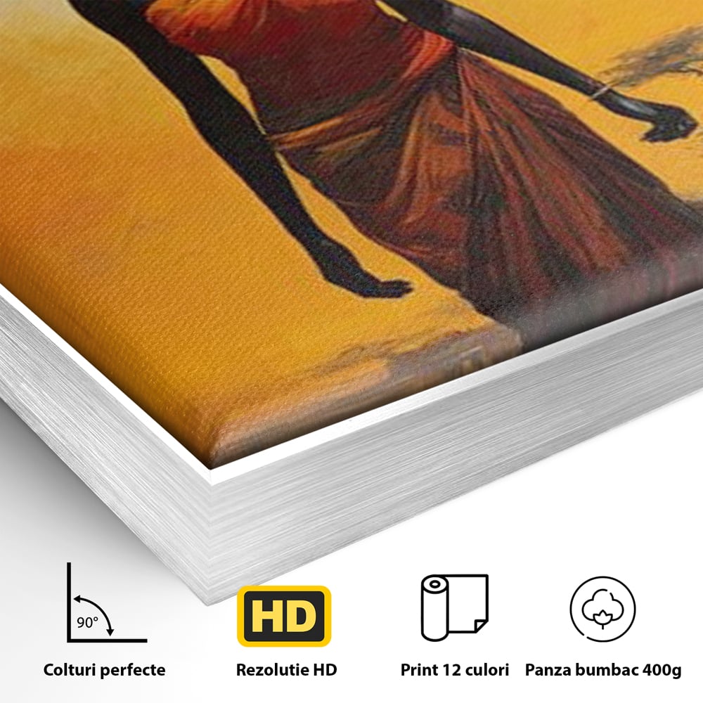 Detaliu al suprafetei: tablou canvas cu femeie africana si ulcior, in rama de aluminiu argintiu