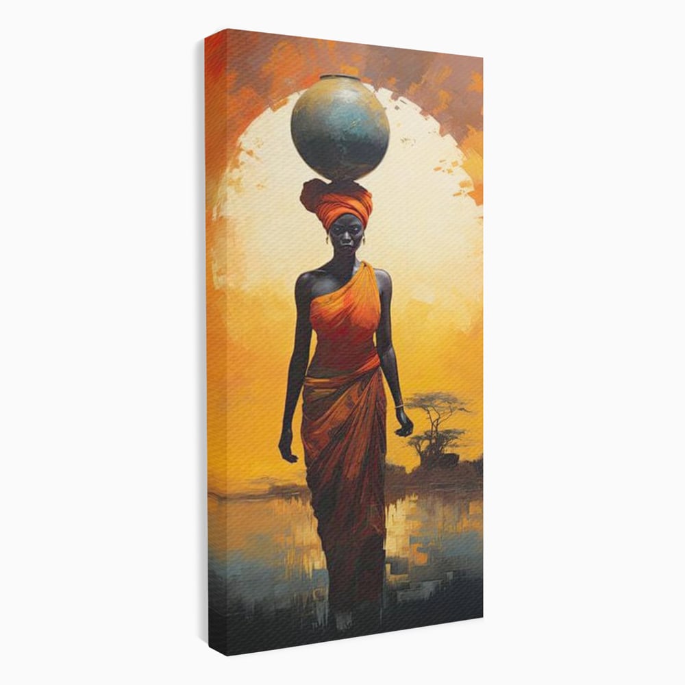 Tablou canvas cu tablou canvas cu femeie africana si ulcior, fara rama, pe sasiu de lemn