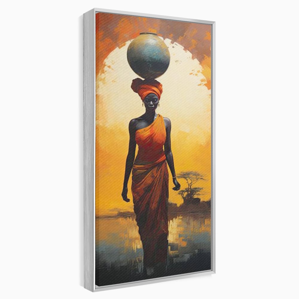 Tablou canvas cu tablou canvas cu femeie africana si ulcior, in rama de aluminiu argintiu