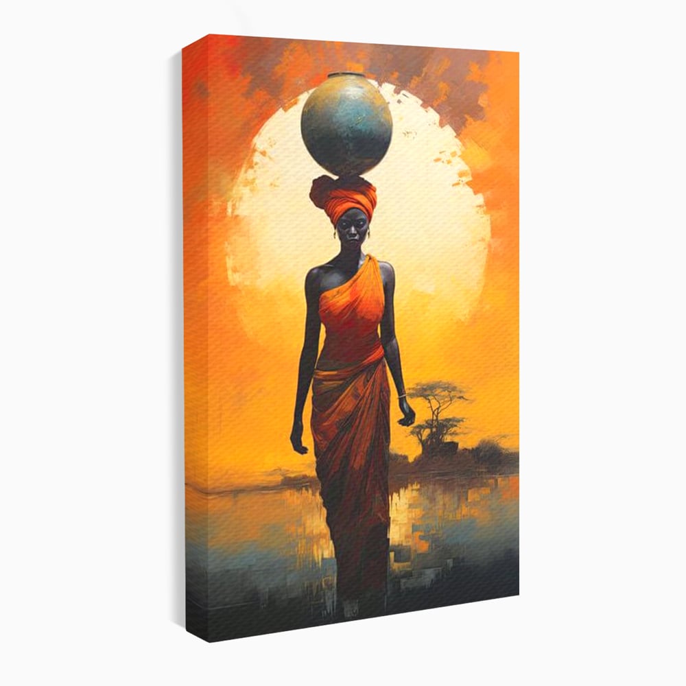 Tablou canvas cu tablou canvas cu femeie africana si ulcior, fara rama, pe sasiu de lemn