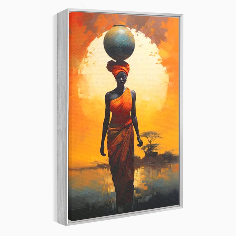 Tablou canvas cu tablou canvas cu femeie africana si ulcior, in rama de aluminiu argintiu