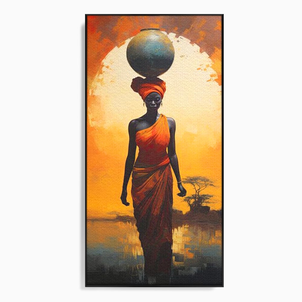 Tablou canvas cu tablou canvas cu femeie africana si ulcior, in rama de aluminiu negru