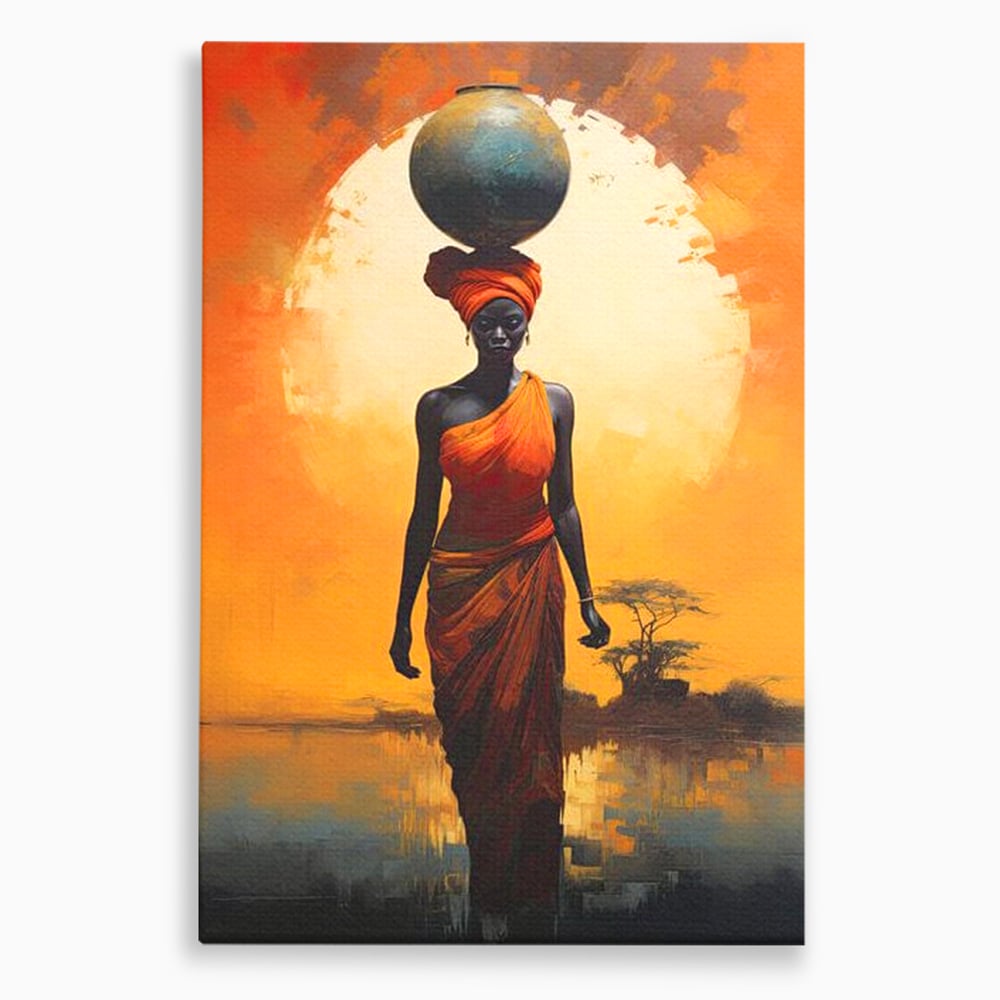 Tablou canvas cu tablou canvas cu femeie africana si ulcior, fara rama, pe sasiu de lemn