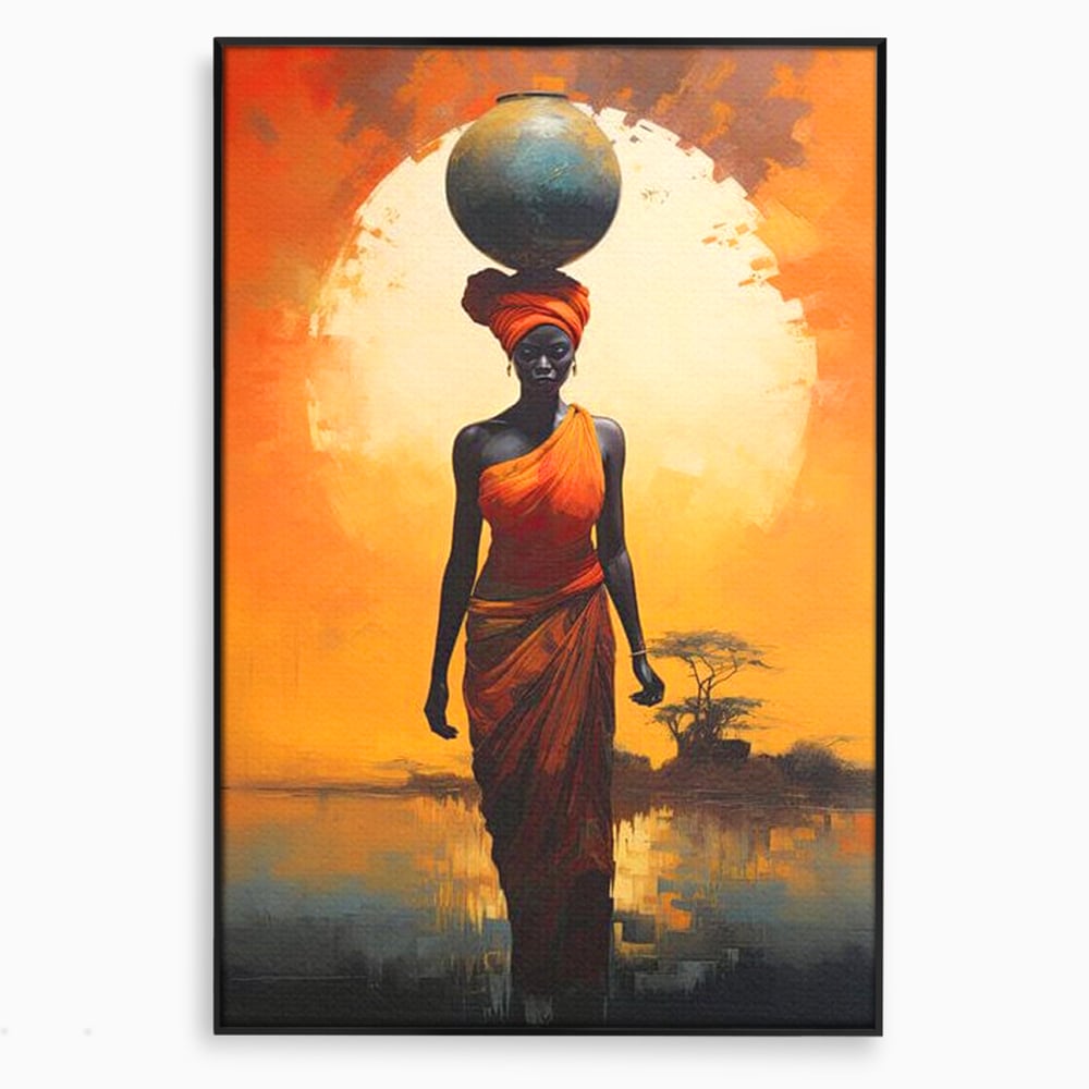 Tablou canvas cu tablou canvas cu femeie africana si ulcior, in rama de aluminiu negru