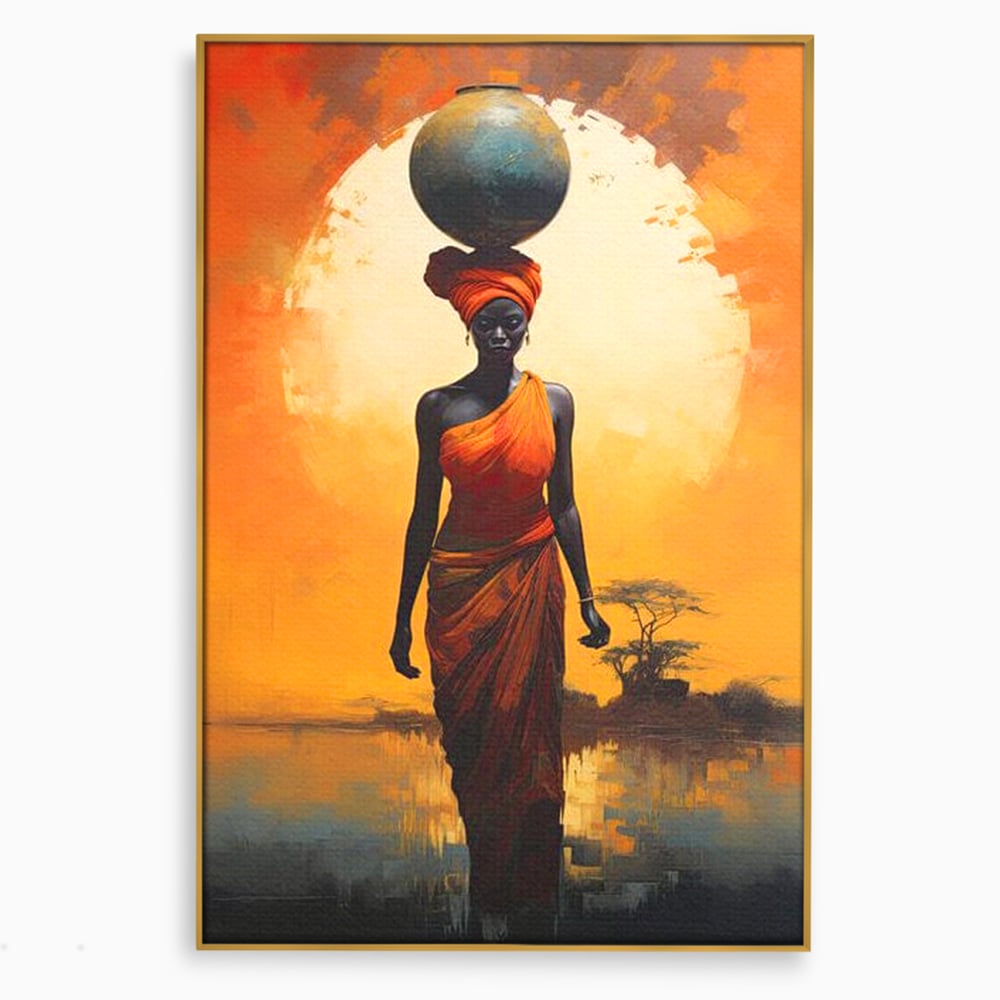 Tablou canvas cu tablou canvas cu femeie africana si ulcior, in rama de aluminiu auriu
