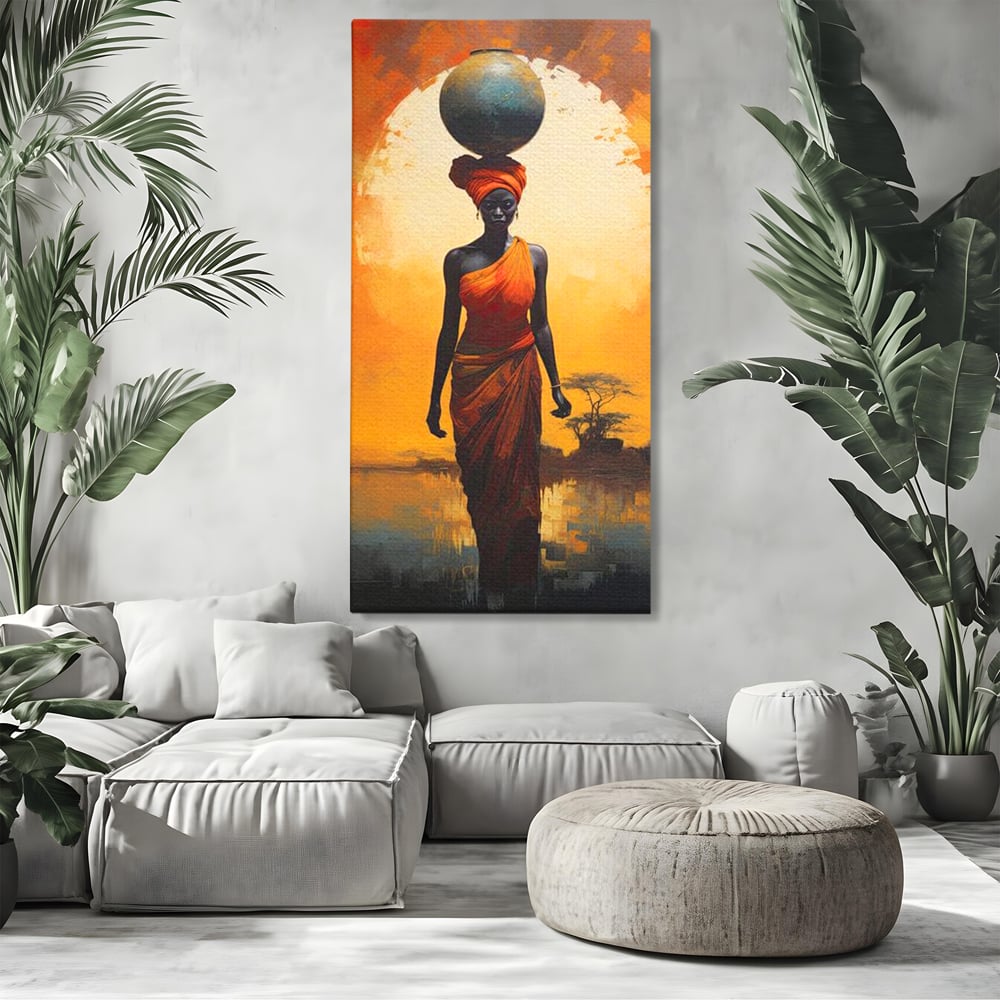 Tablou canvas cu tablou canvas cu femeie africana si ulcior, fara rama, pe sasiu de lemn, pe perete intr-un living