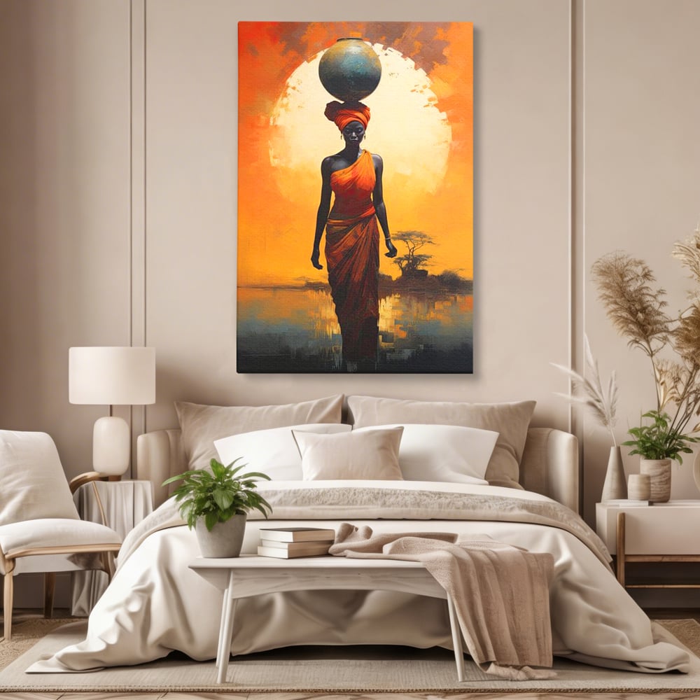 Tablou canvas cu tablou canvas cu femeie africana si ulcior, fara rama, pe sasiu de lemn, pe perete intr-un dormitor