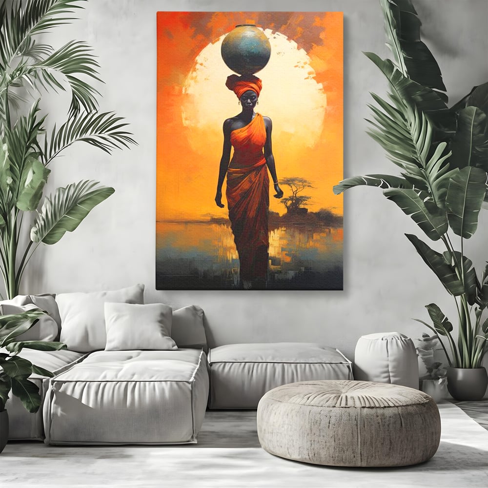 Tablou canvas cu tablou canvas cu femeie africana si ulcior, fara rama, pe sasiu de lemn, pe perete intr-un living