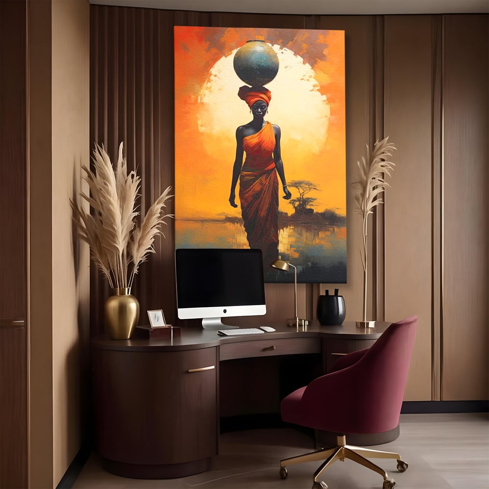 Tablou canvas cu tablou canvas cu femeie africana si ulcior, fara rama, pe sasiu de lemn, pe perete intr-un birou