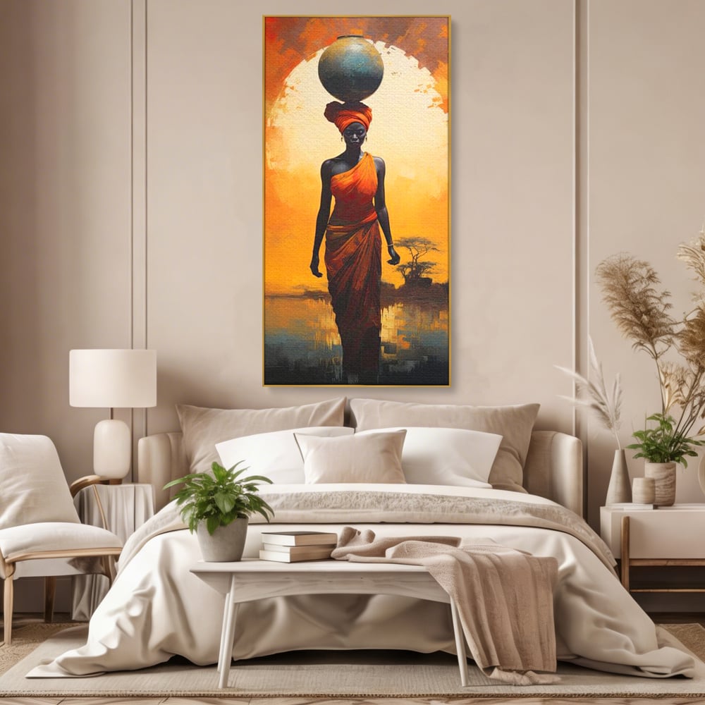 Tablou canvas cu tablou canvas cu femeie africana si ulcior, in rama de aluminiu auriu, pe perete intr-un dormitor