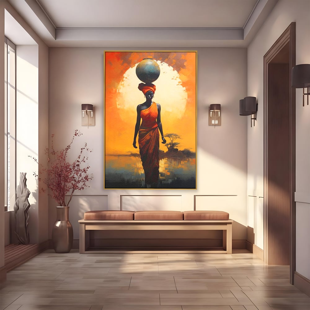 Tablou canvas cu tablou canvas cu femeie africana si ulcior, in rama de aluminiu auriu