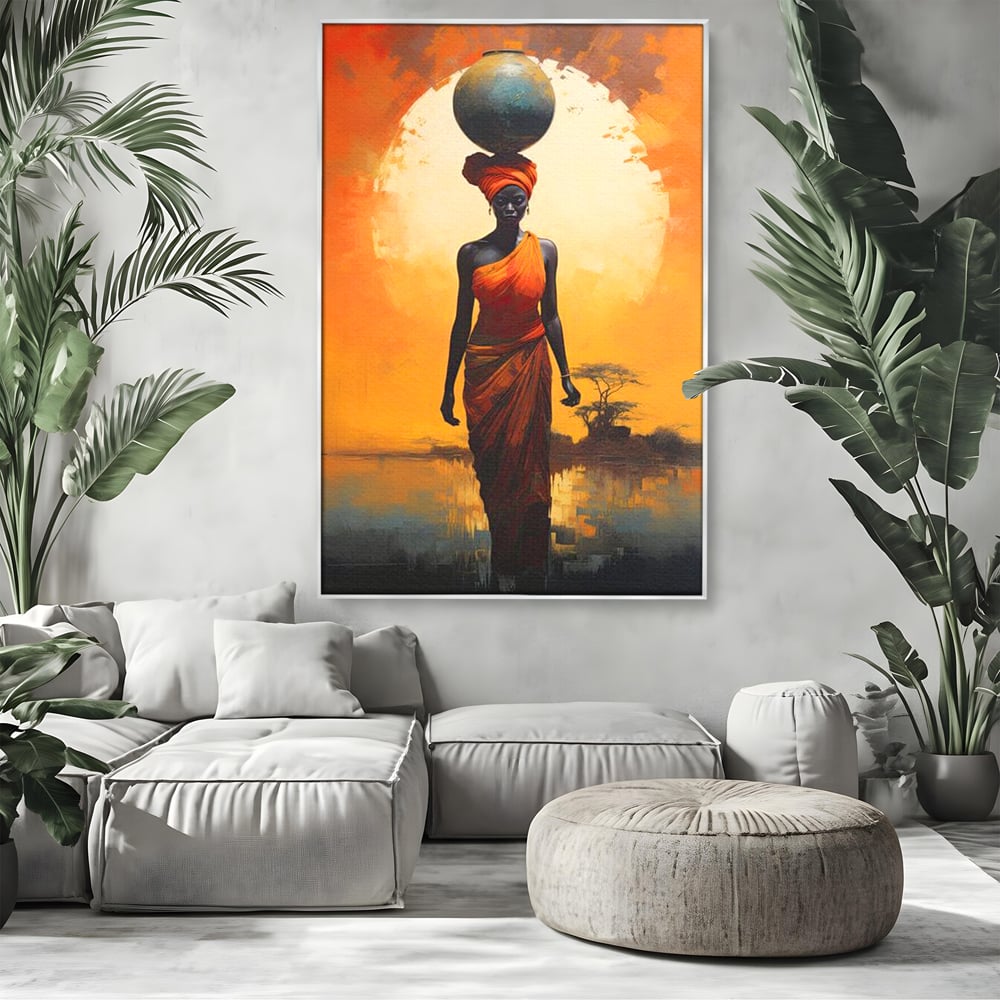 Tablou canvas cu tablou canvas cu femeie africana si ulcior, in rama de aluminiu argintiu, pe perete intr-un living