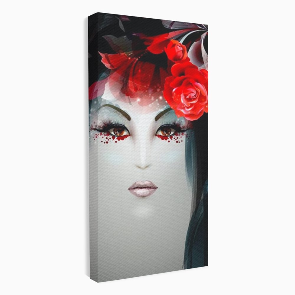 Tablou canvas cu tablou portret feminin cu trandafiri rosii, fara rama, pe sasiu de lemn