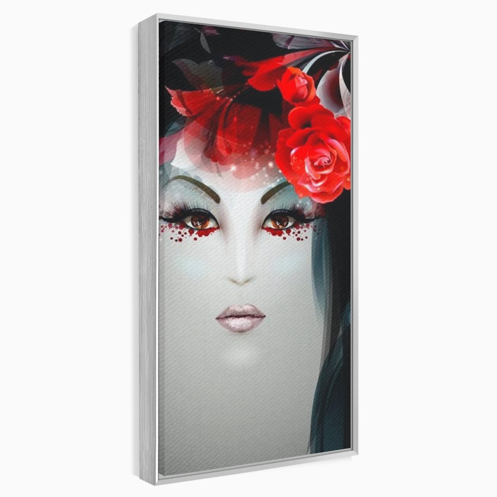 Tablou canvas cu tablou portret feminin cu trandafiri rosii, in rama de aluminiu argintiu