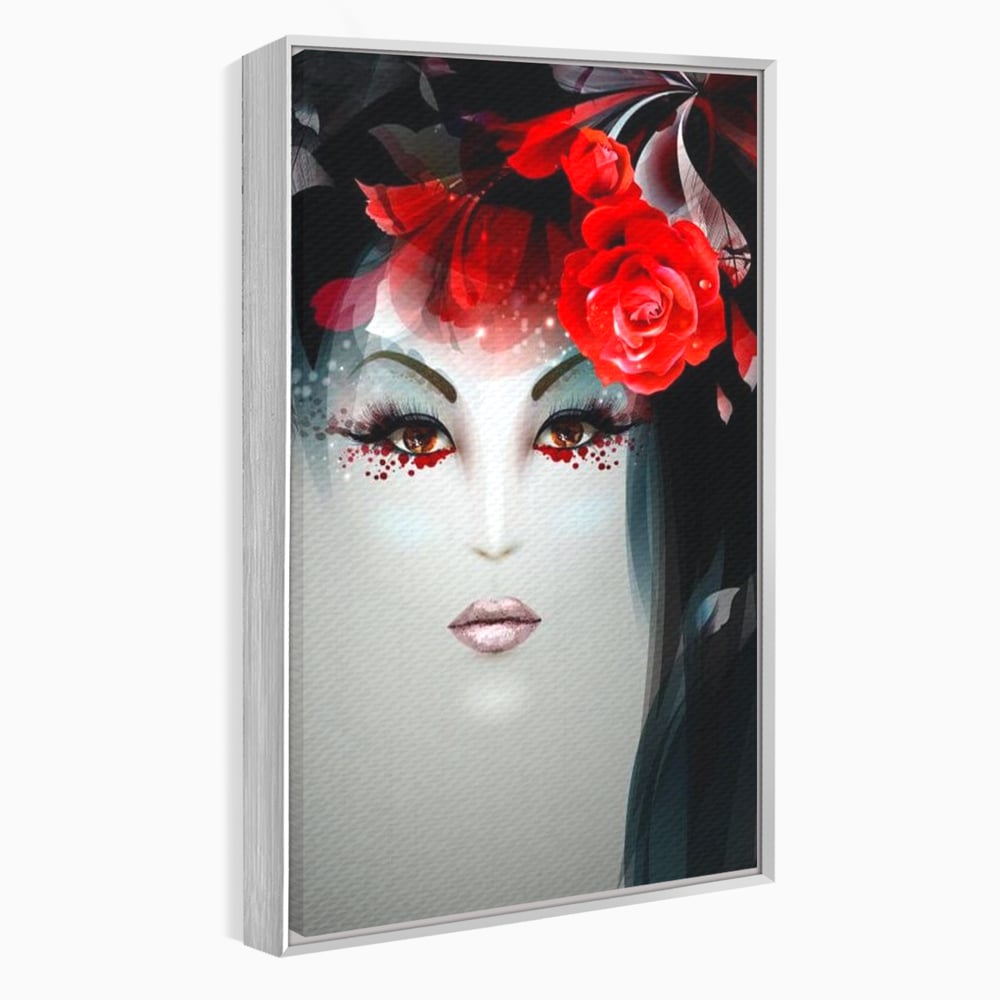 Tablou canvas cu tablou portret feminin cu trandafiri rosii, in rama de aluminiu argintiu