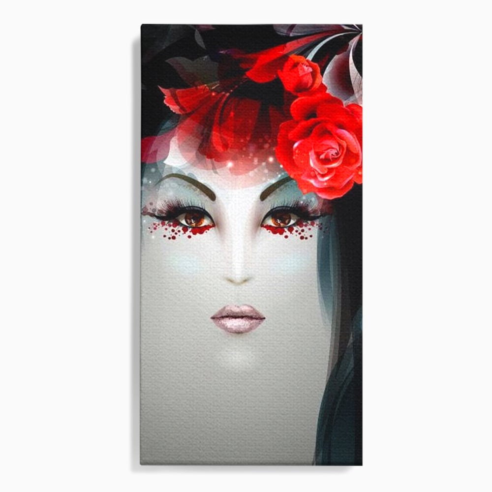 Tablou canvas cu tablou portret feminin cu trandafiri rosii, fara rama, pe sasiu de lemn