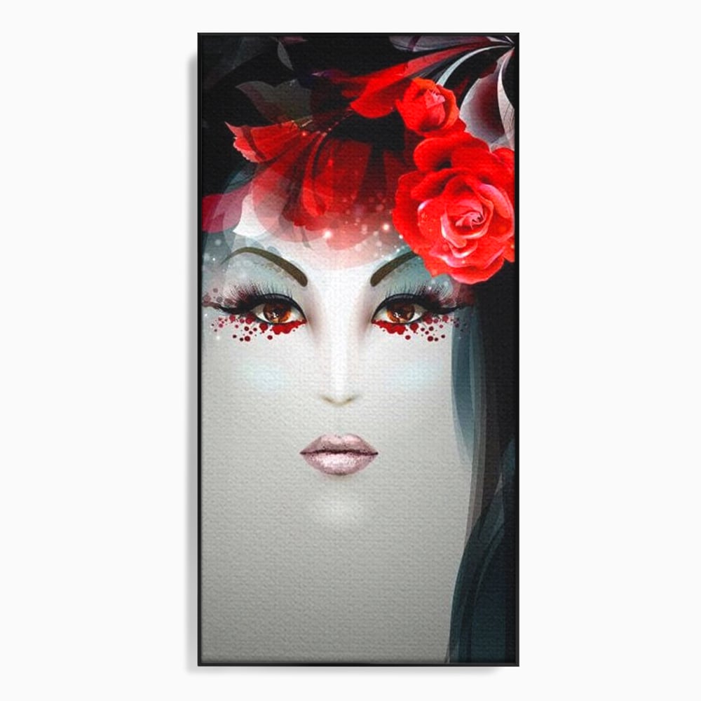 Tablou canvas cu tablou portret feminin cu trandafiri rosii, in rama de aluminiu negru