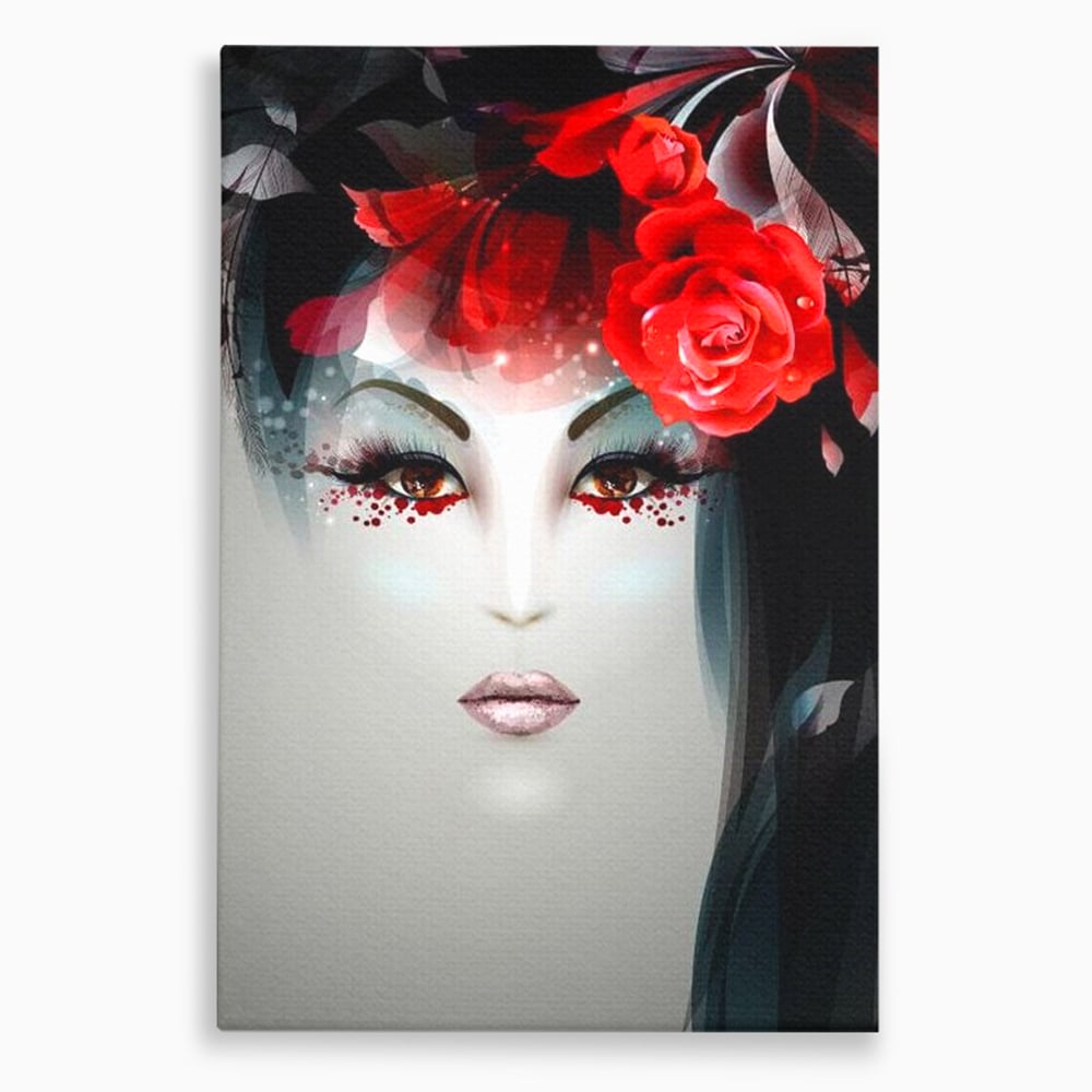 Tablou canvas cu tablou portret feminin cu trandafiri rosii, fara rama, pe sasiu de lemn