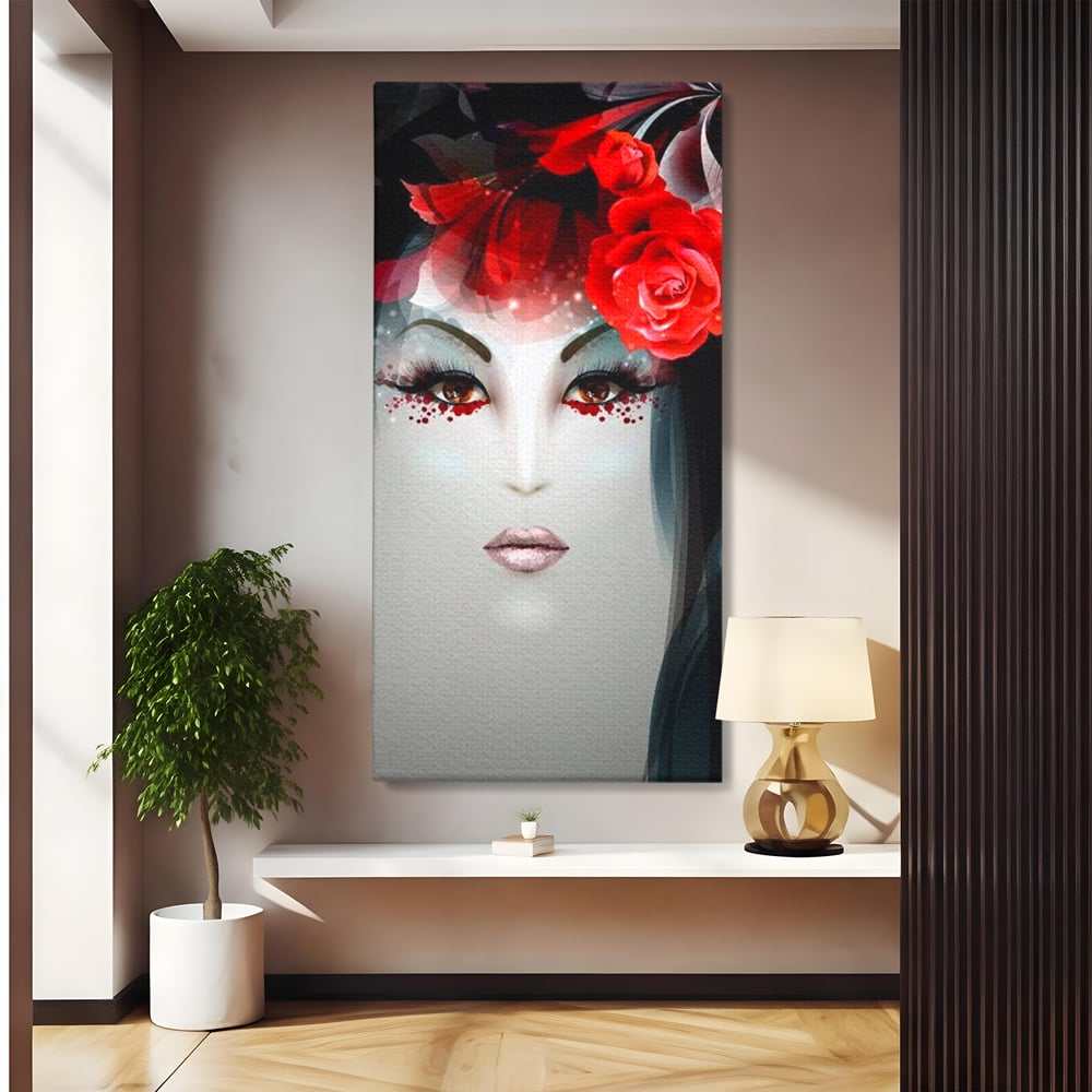 Tablou canvas cu tablou portret feminin cu trandafiri rosii, fara rama, pe sasiu de lemn