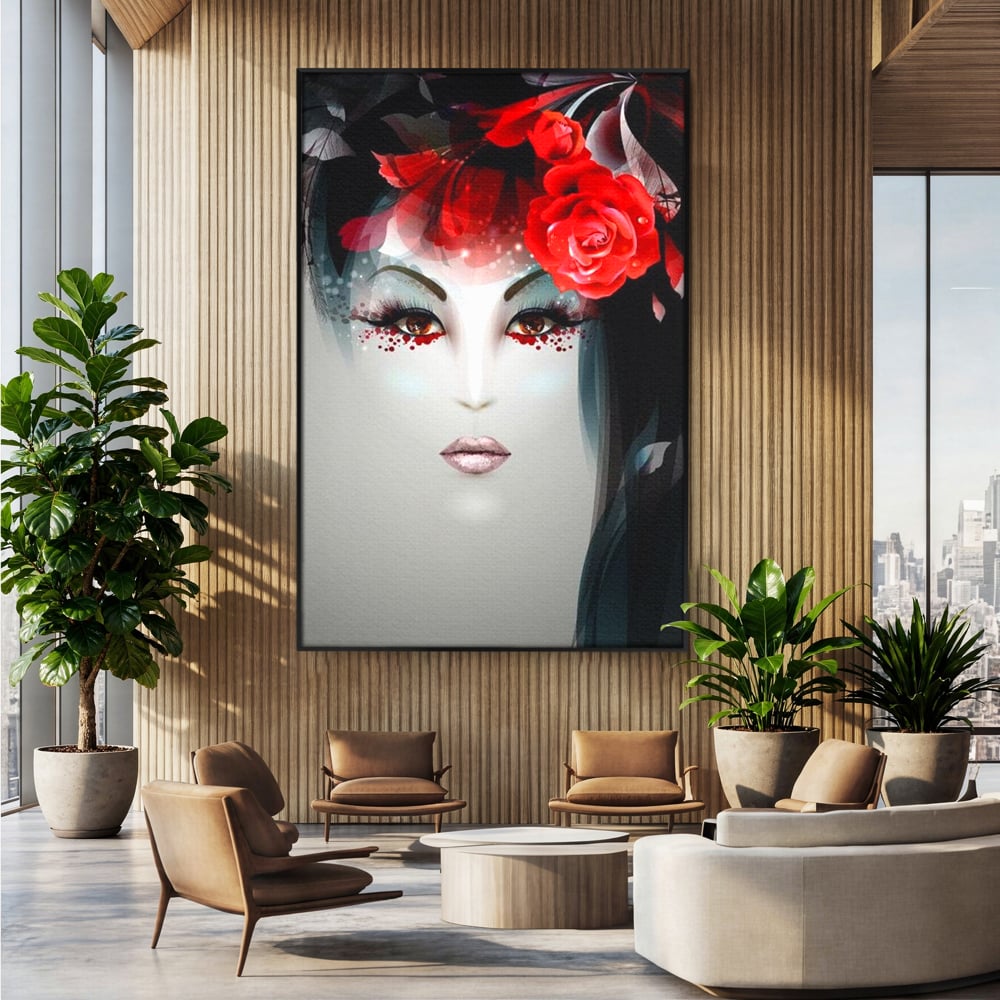 Tablou canvas cu tablou portret feminin cu trandafiri rosii, in rama de aluminiu negru, pe perete intr-un birou