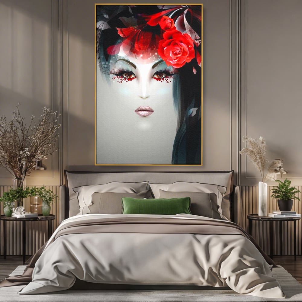 Tablou canvas cu tablou portret feminin cu trandafiri rosii, in rama de aluminiu auriu, pe perete intr-un dormitor