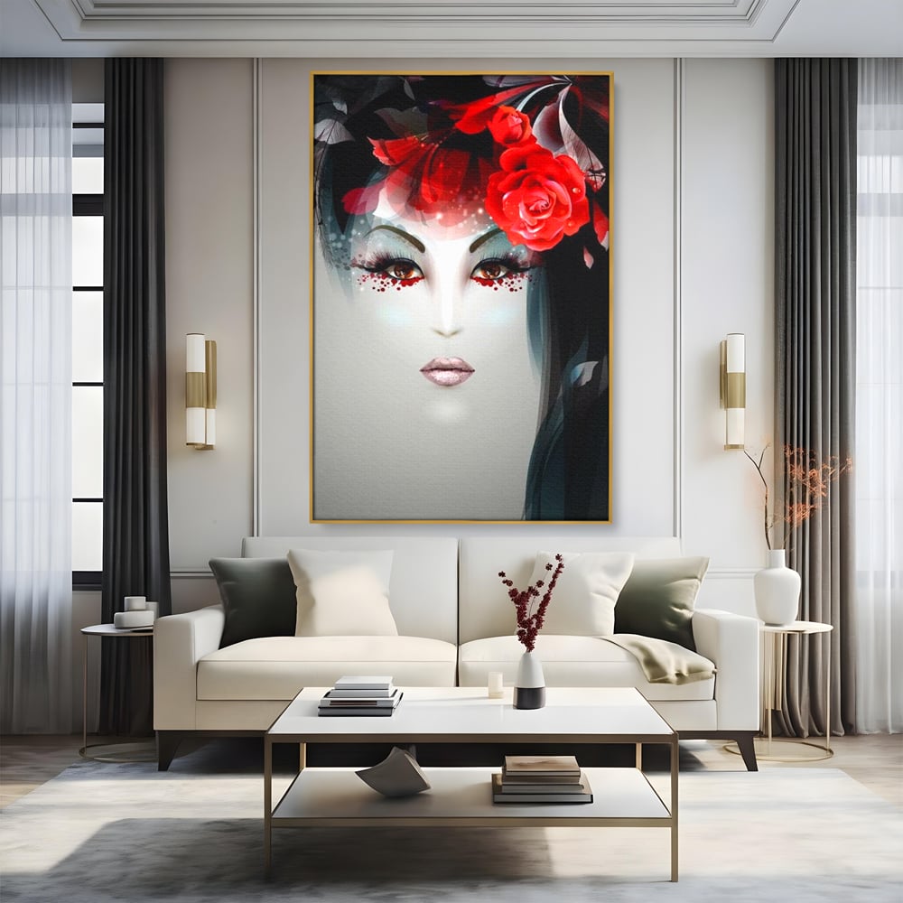 Tablou canvas cu tablou portret feminin cu trandafiri rosii, in rama de aluminiu auriu, pe perete intr-un living