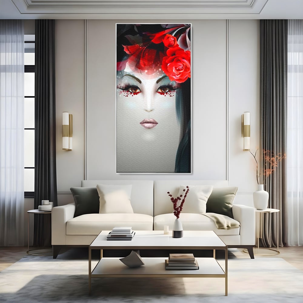 Tablou canvas cu tablou portret feminin cu trandafiri rosii, in rama de aluminiu argintiu, pe perete intr-un living