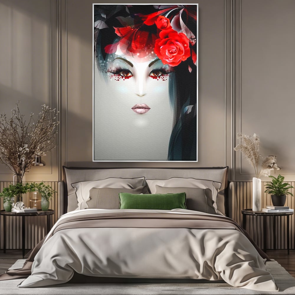 Tablou canvas cu tablou portret feminin cu trandafiri rosii, in rama de aluminiu argintiu, pe perete intr-un dormitor