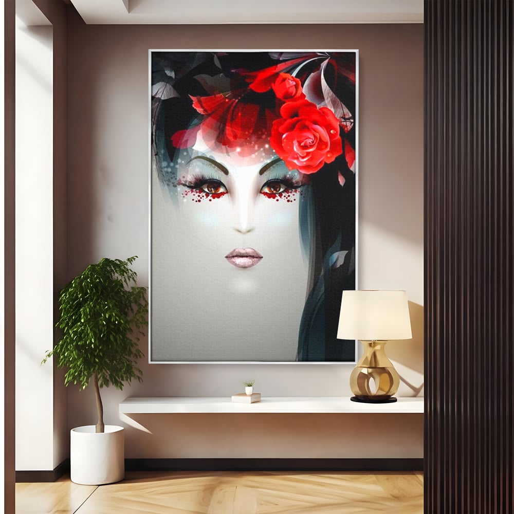 Tablou canvas cu tablou portret feminin cu trandafiri rosii, in rama de aluminiu argintiu