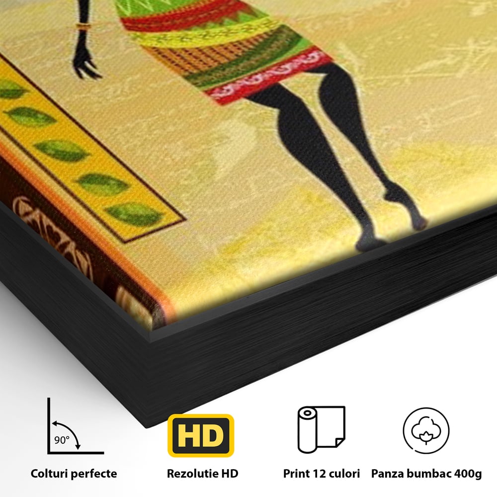 Detaliu al suprafetei: tablou canvas cu silueta feminina african, in rama de aluminiu negru