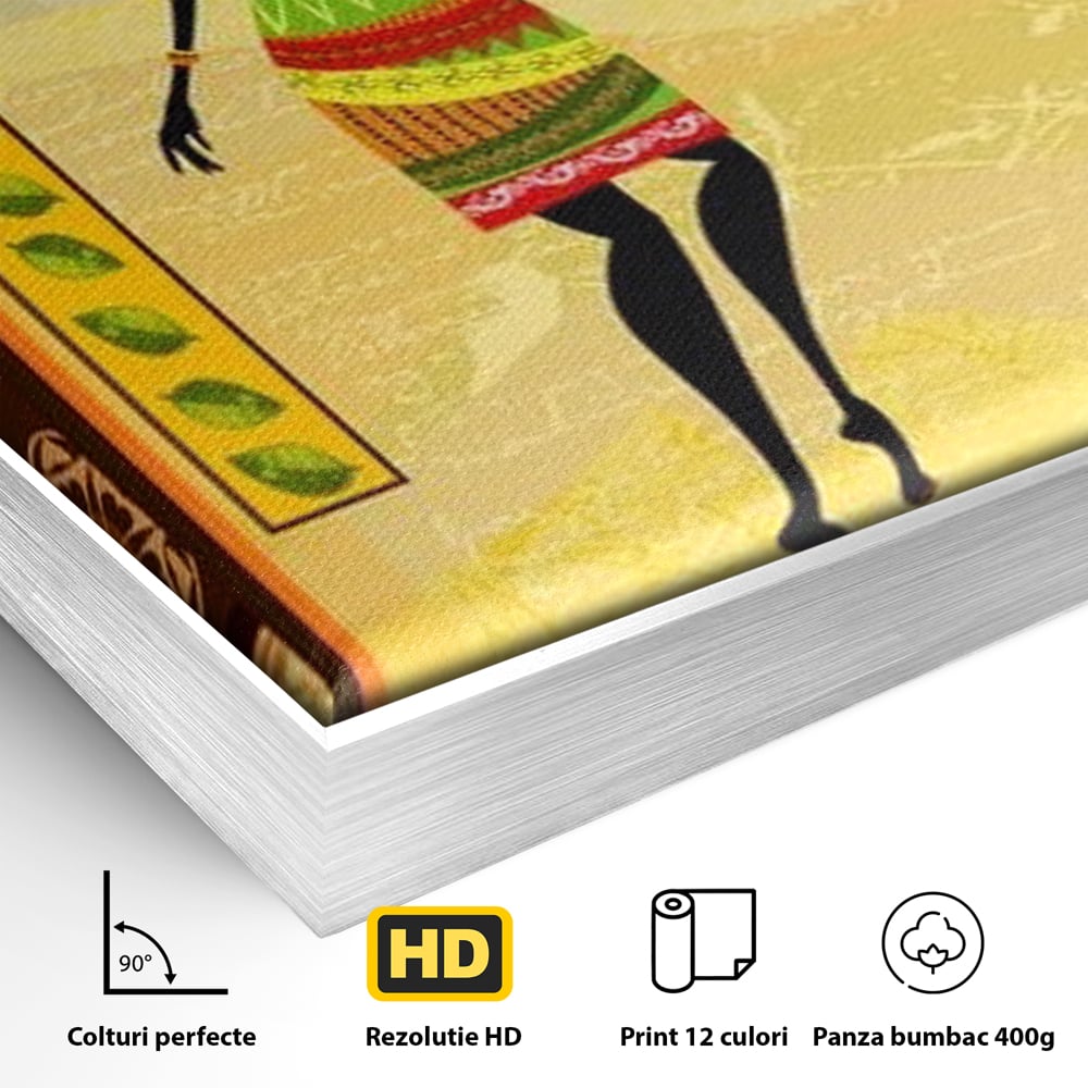 Detaliu al suprafetei: tablou canvas cu silueta feminina african, in rama de aluminiu argintiu